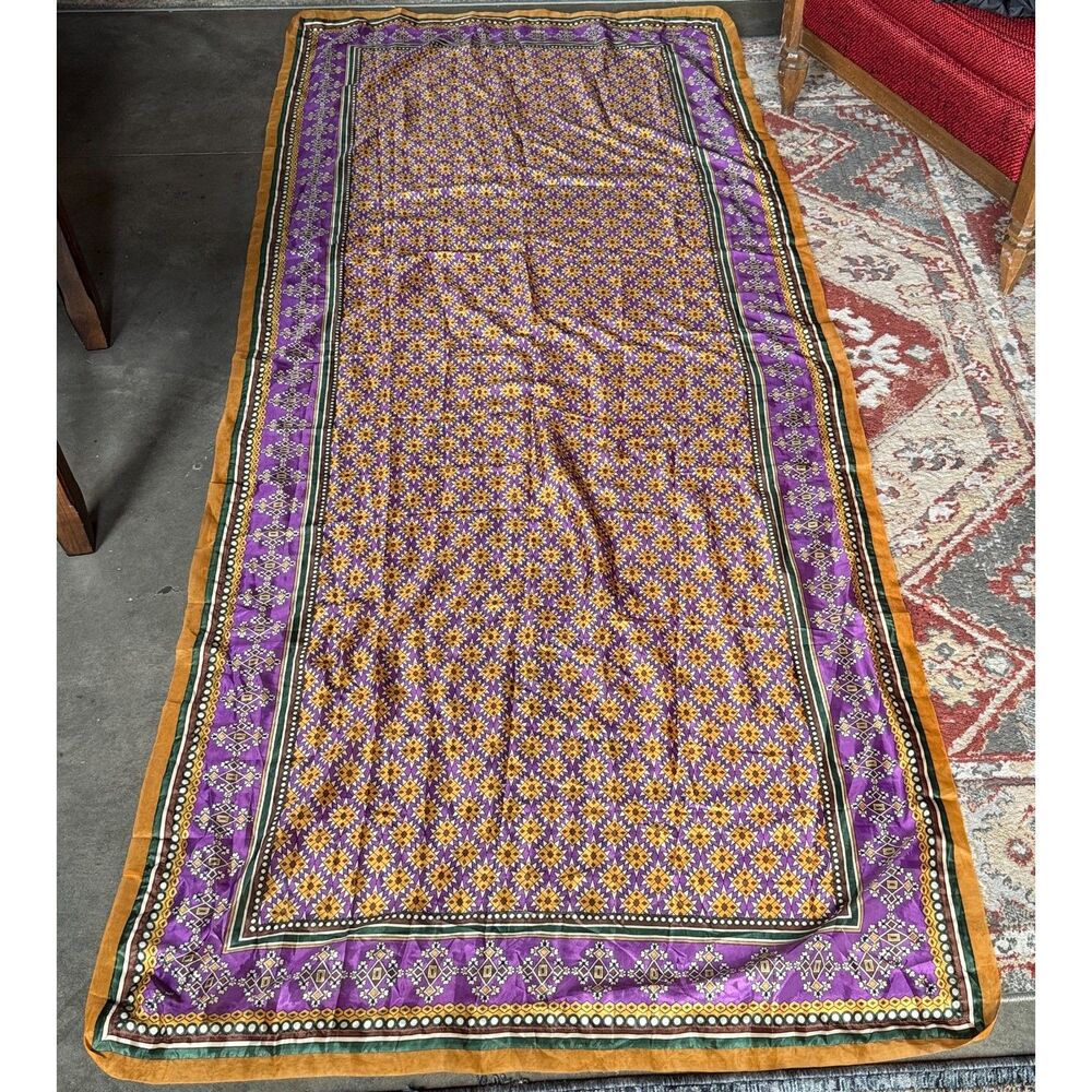 Vintage Silk Blend Oblong Scarf Wrap Boho Geometric Mandala Print Shawl / Sarong